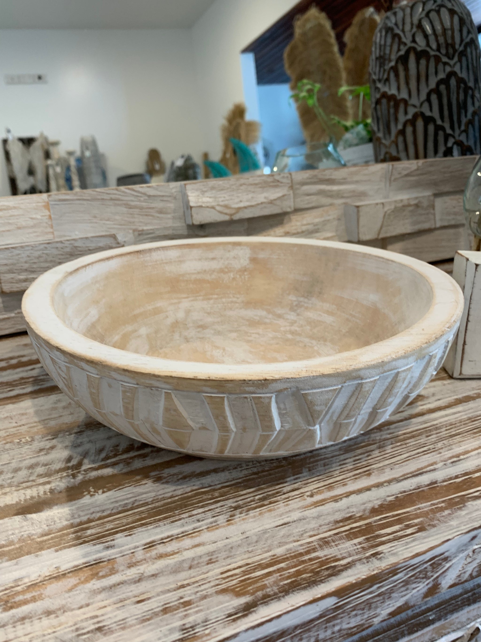 White wash timber handcarved timber bowl. Large