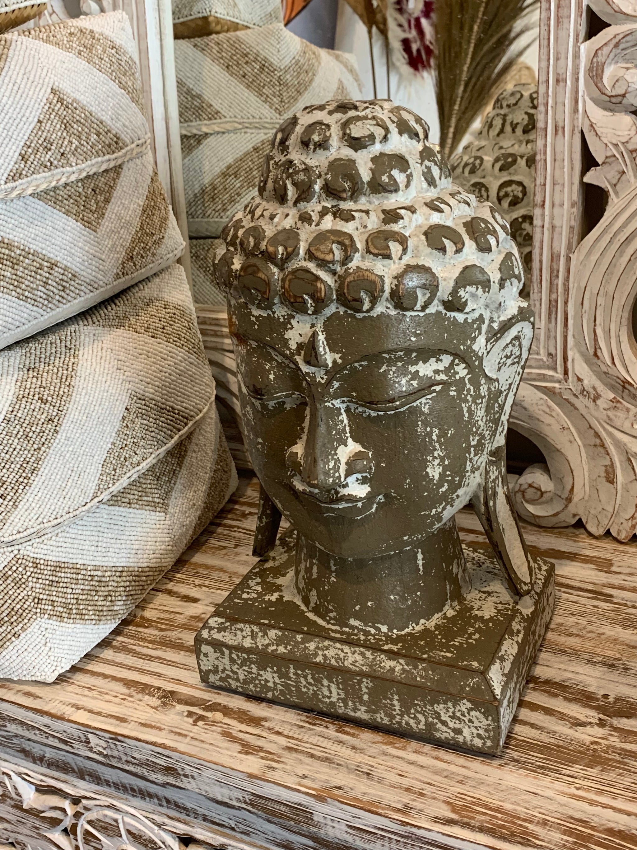 Buddha head statue - olive green