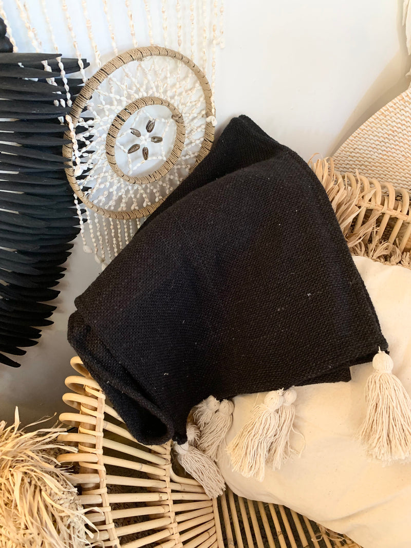 Black table runner / bed throw with tassels / throw