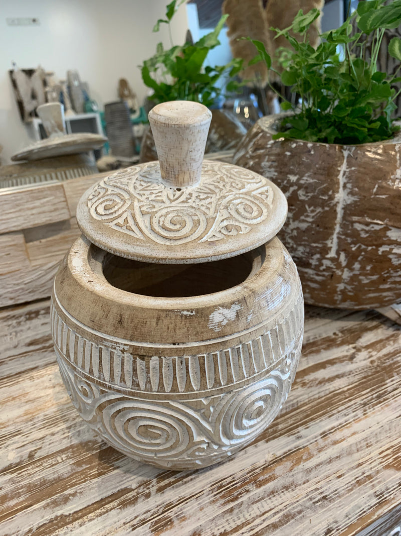 Natural carved timber pot with lid