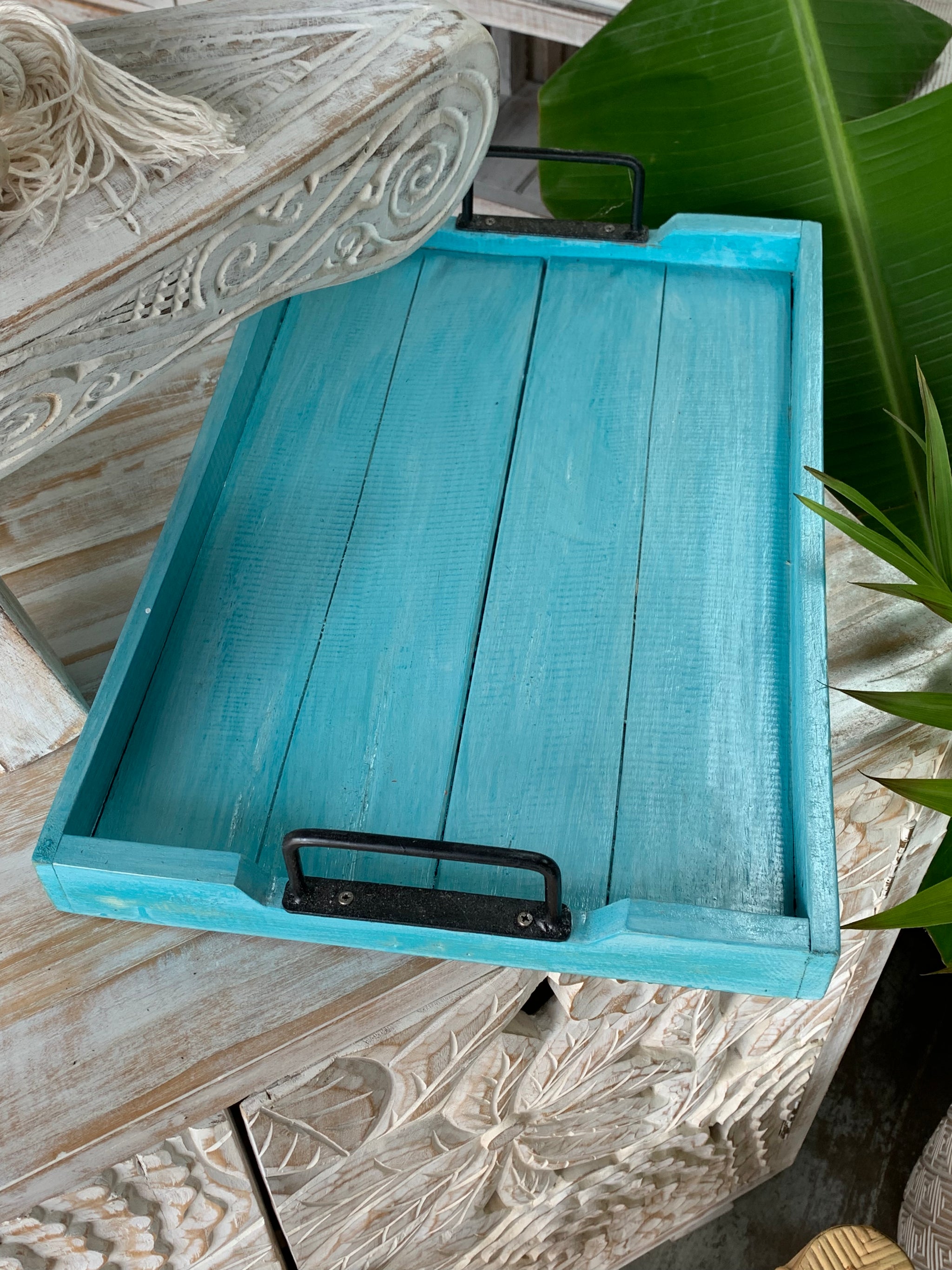 Blue timber slatted tray.  Usually $35