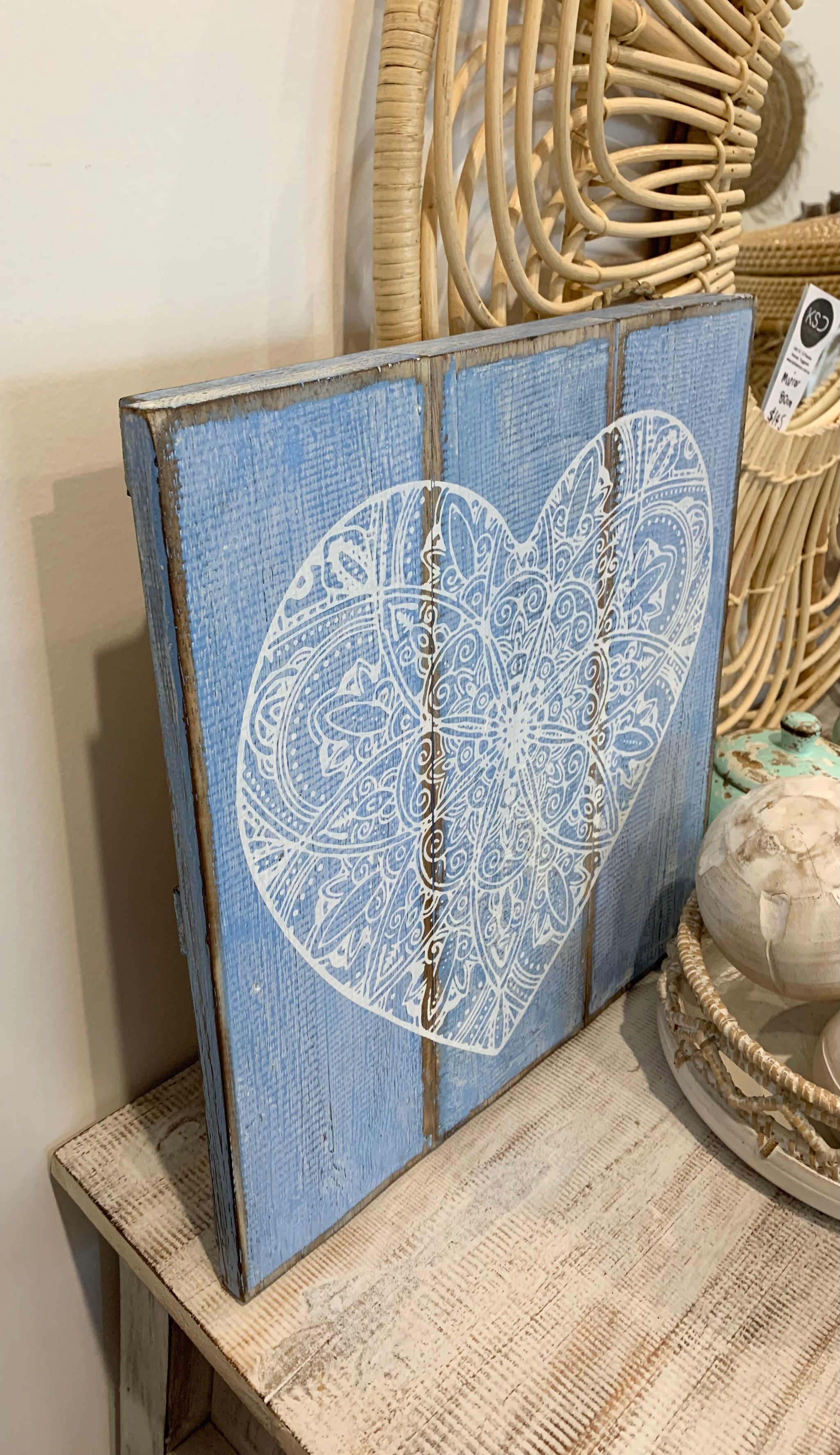 Mandala painted blue heart wall hanging