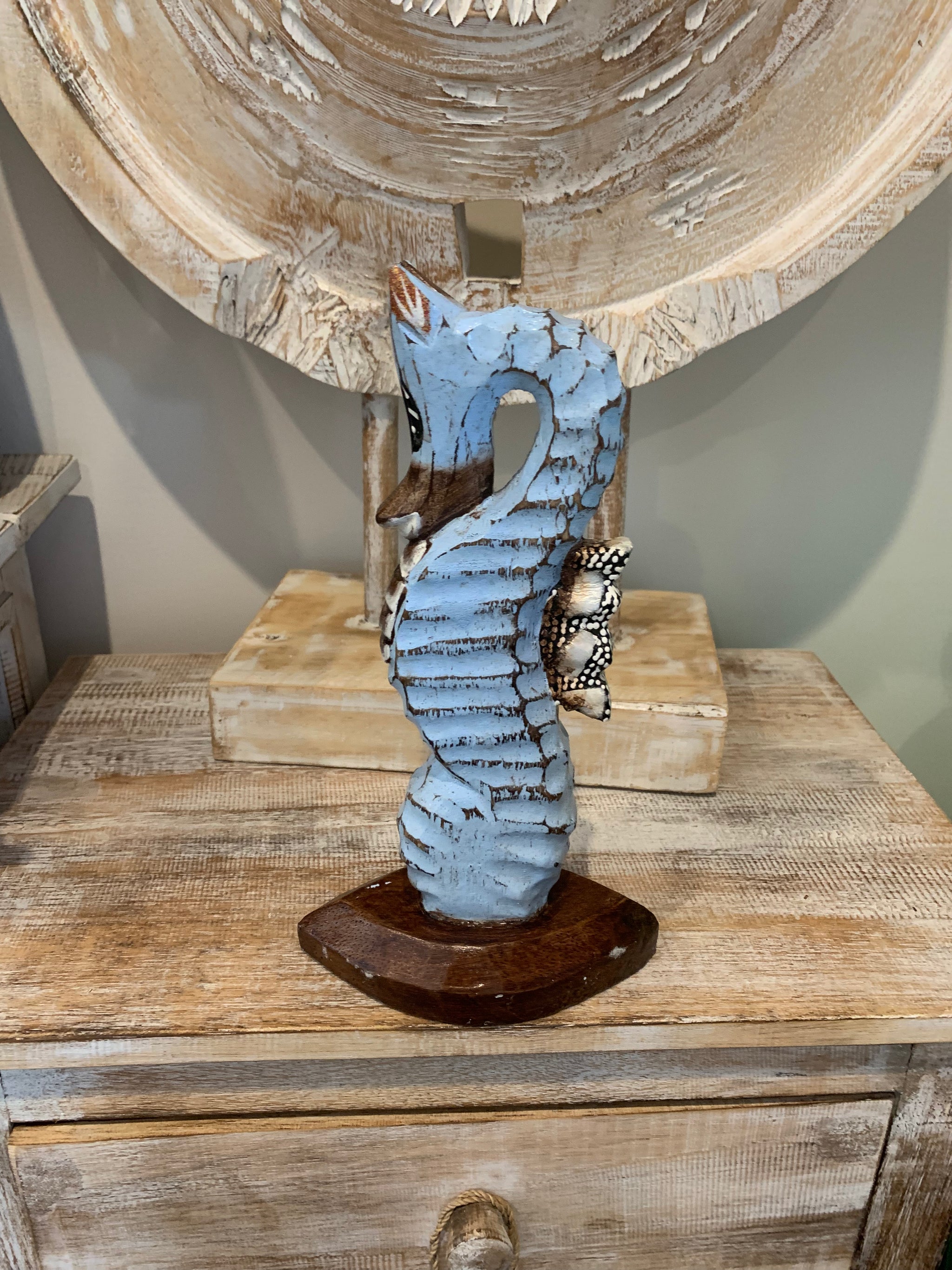 Handpainted blue timber seahorse