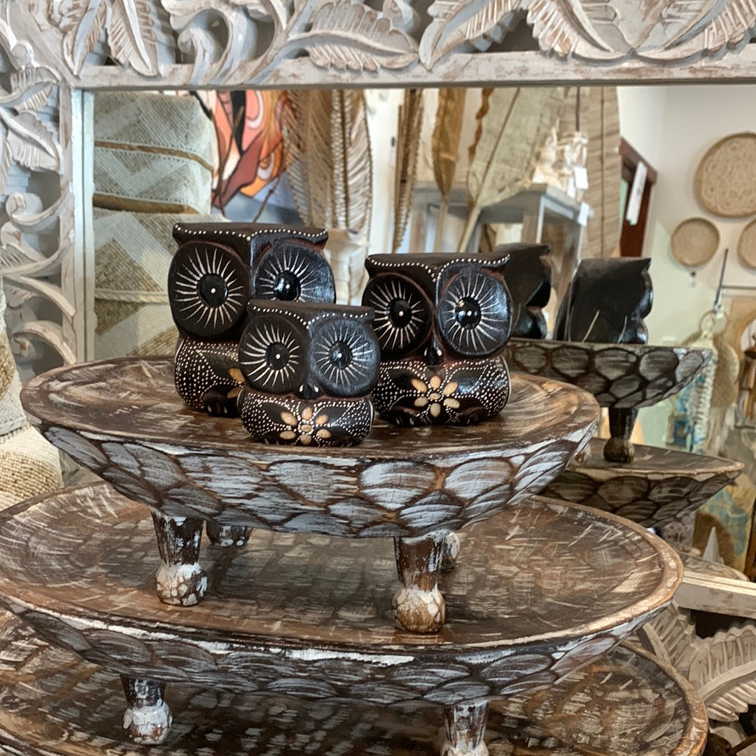 Set 3 timber owls. Detailed with flowers