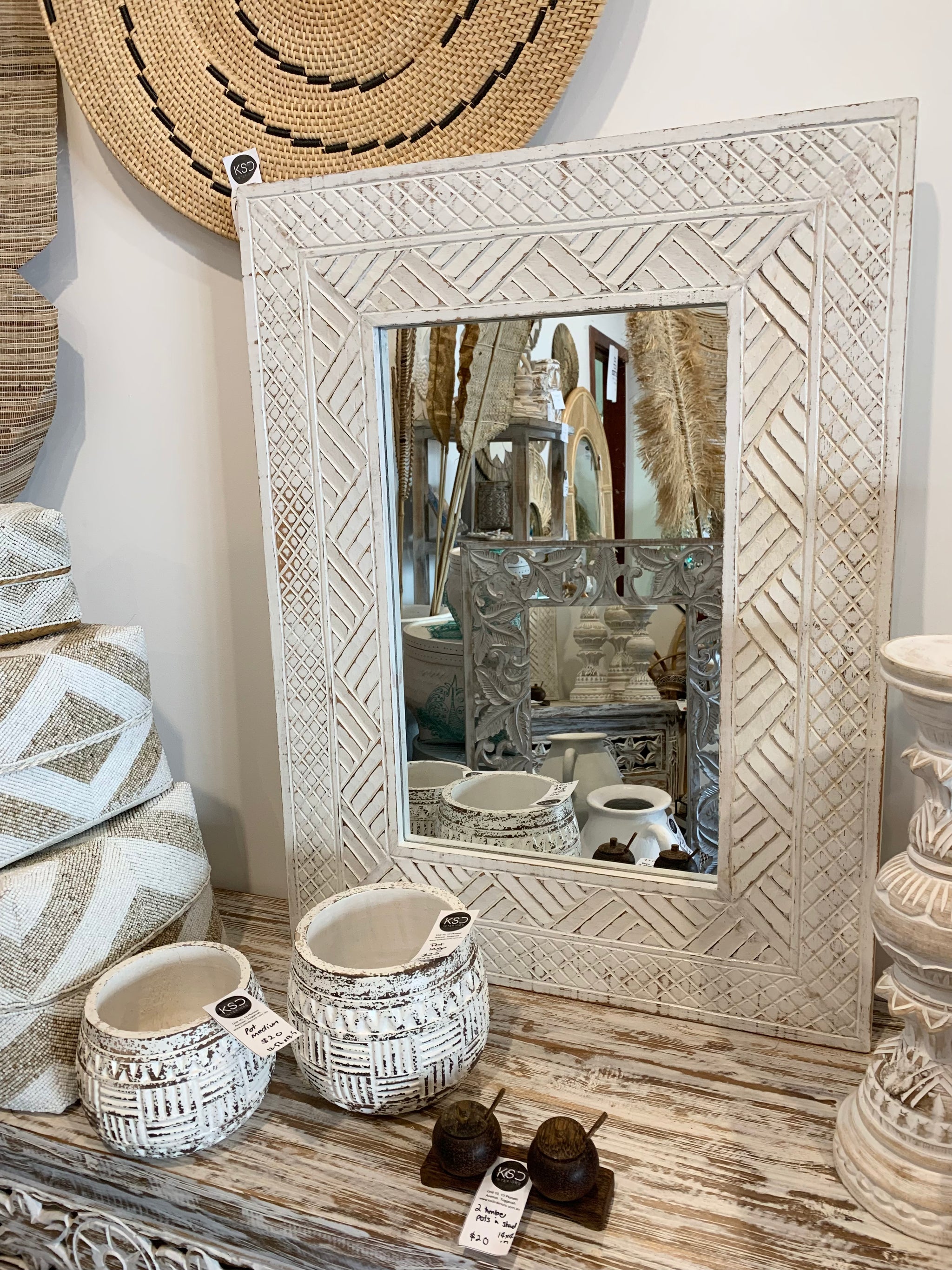 White carved timber mirror