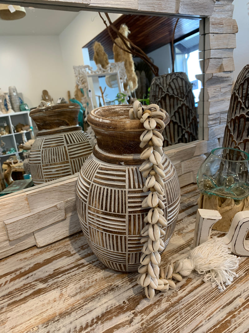 Brown carved timber vase. Medium - Bali Beach Beyond