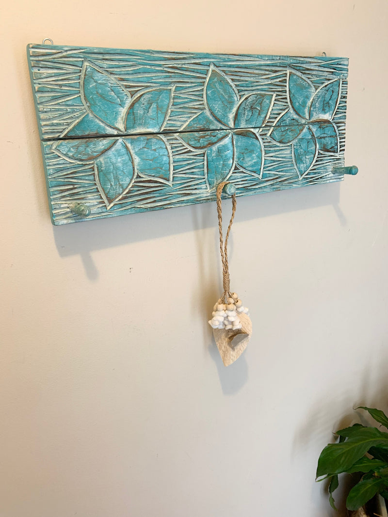 Turquoise blue Flower timber coat rack / hook.