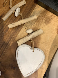 Handpainted timber heart hanging. Rustic white