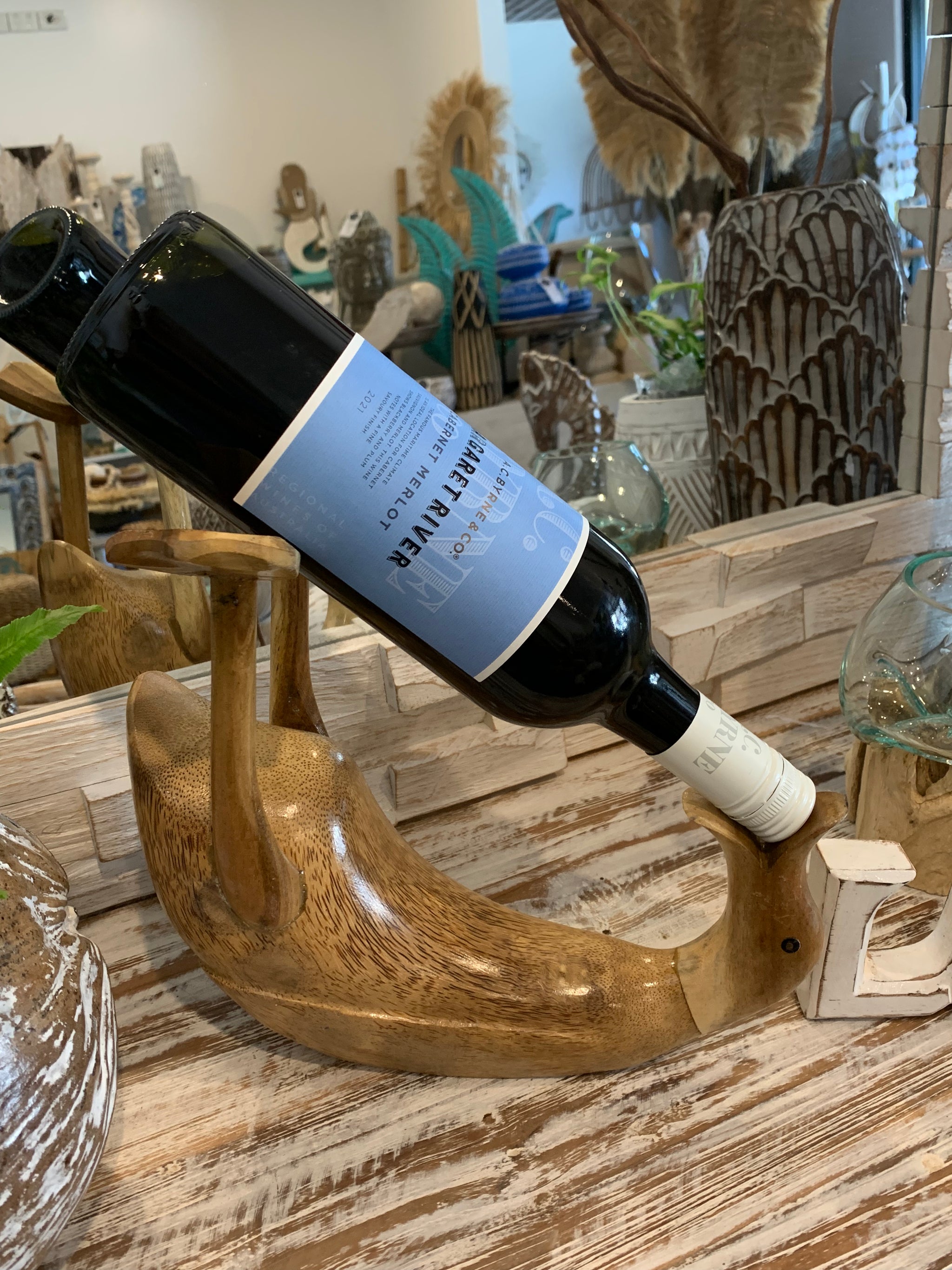 Natural timber duck wine holder. - Bali Beach Beyond