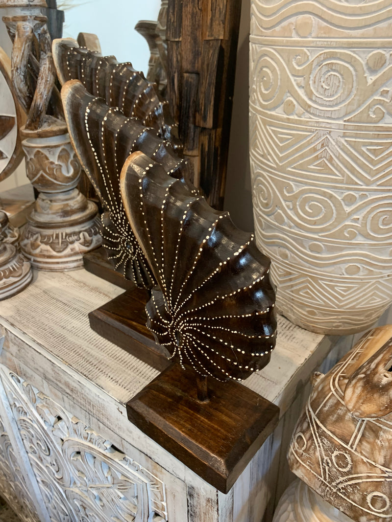 Carved timber shell on stand. Set 3. Brown. Design 2