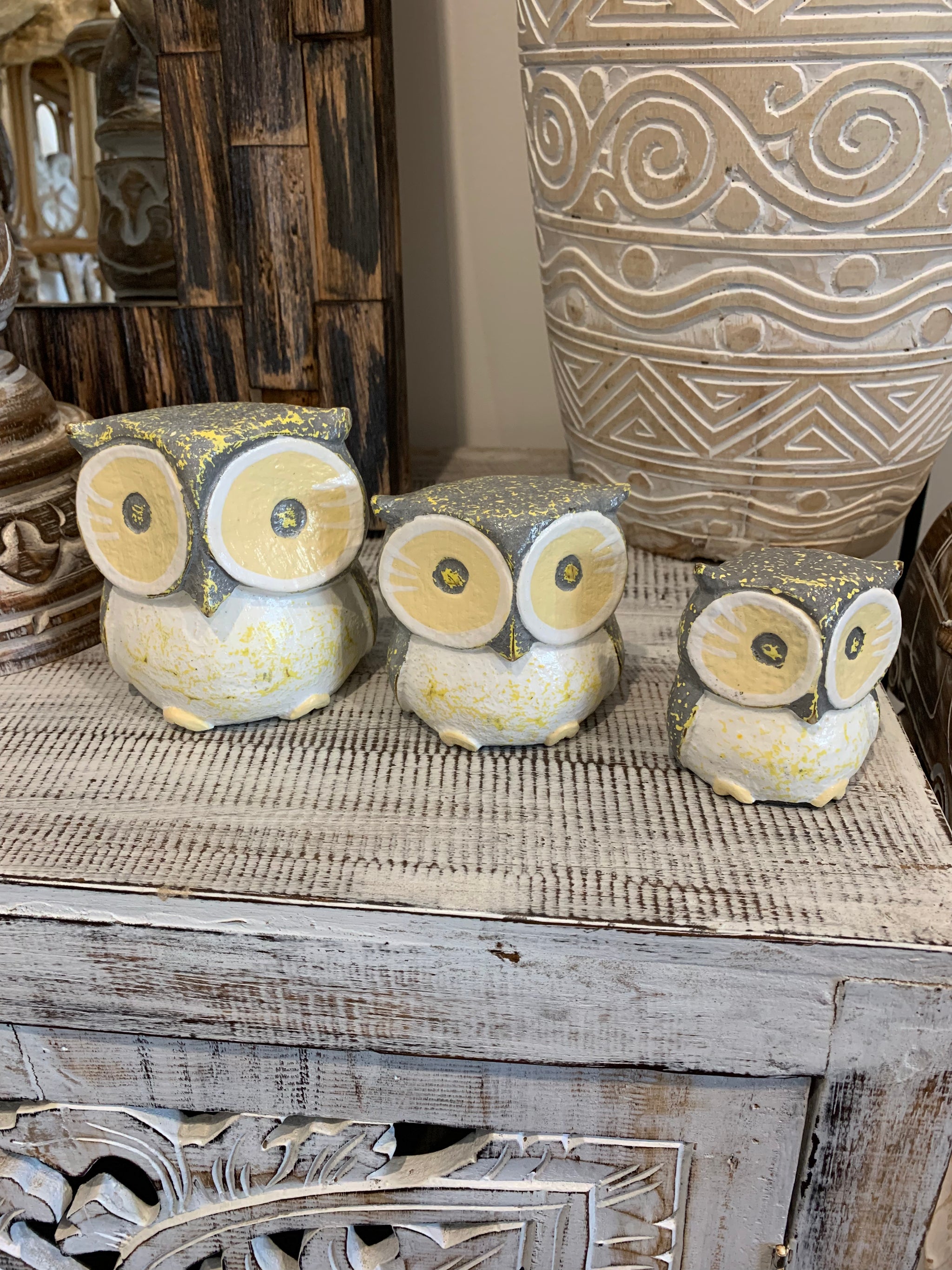 White / yellow timber owls. Set 3