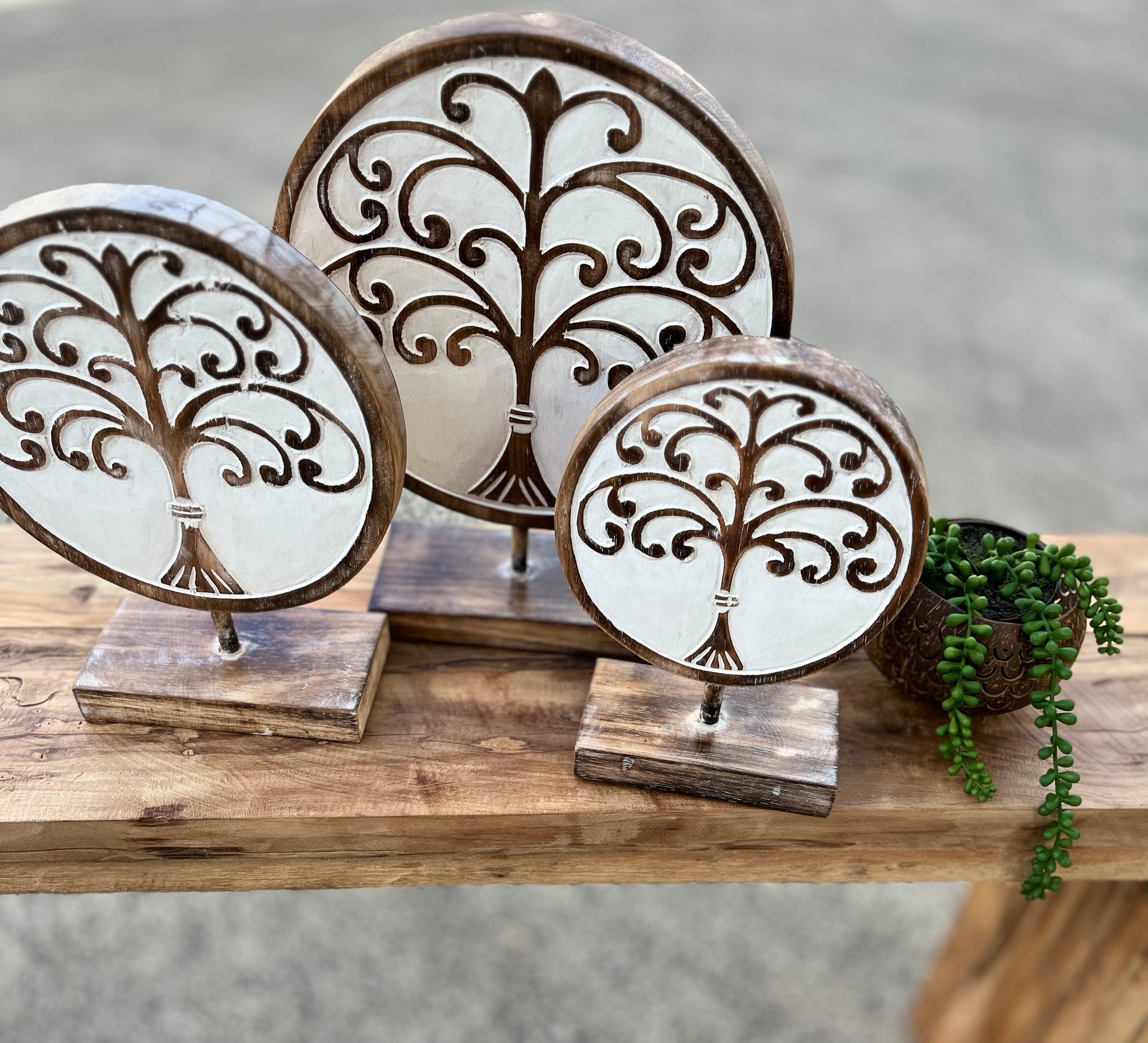 Set of 3 tree of life on stands. Timber