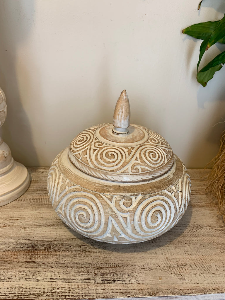 Large container with lid. Carved swirl pattern white wash – Bali Beach ...