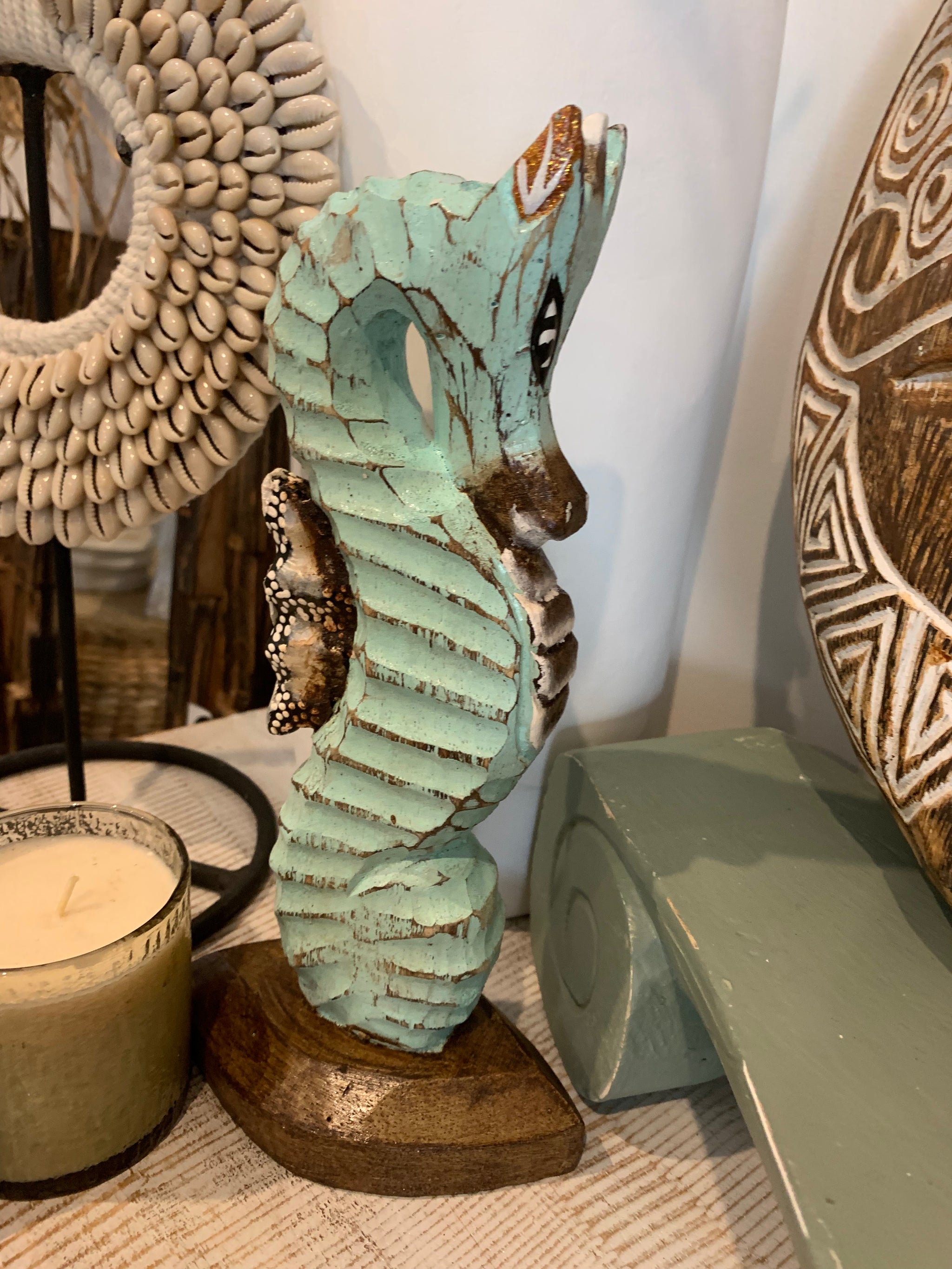 Handpainted turquoise timber seahorse