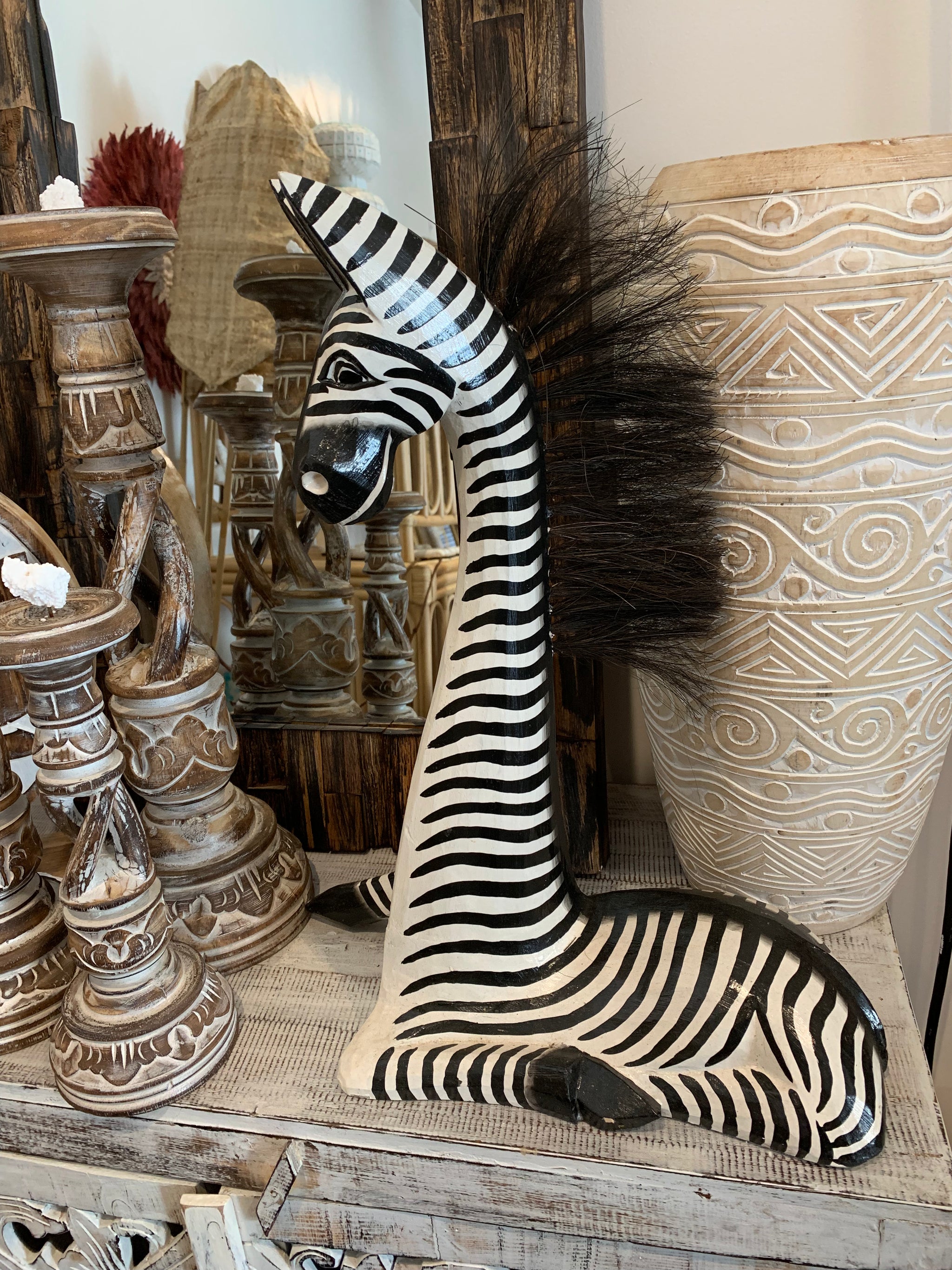 Timber handpainted zebra decoration. L