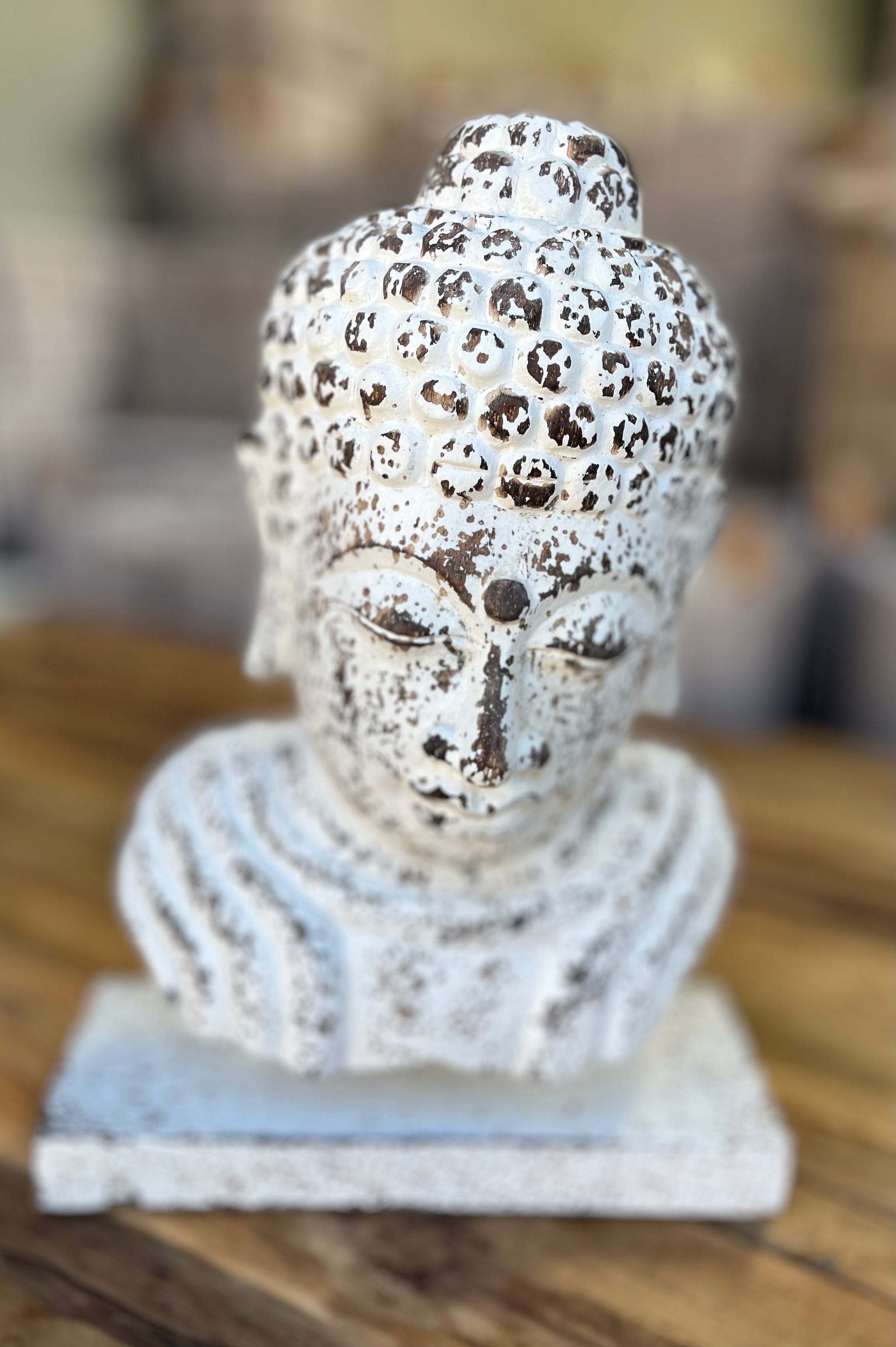 Buddha head statue on stand. Rustic white