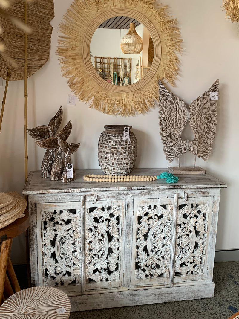 Carved rustic white timber cabinet with 4 doors