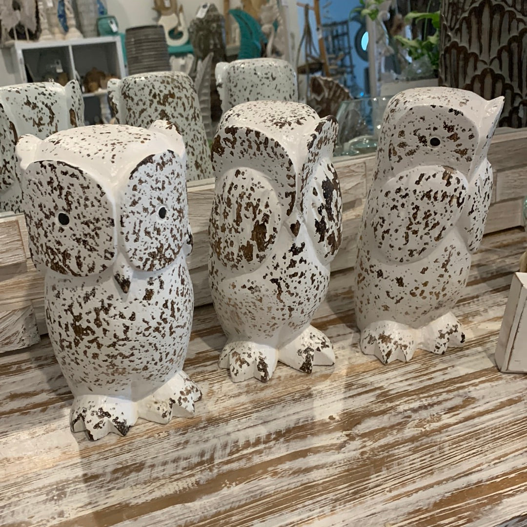 See no evil, hear no evil, speak no evil. Timber owls. Set 3. Rustic white finish. EOFY sale. Usually $40