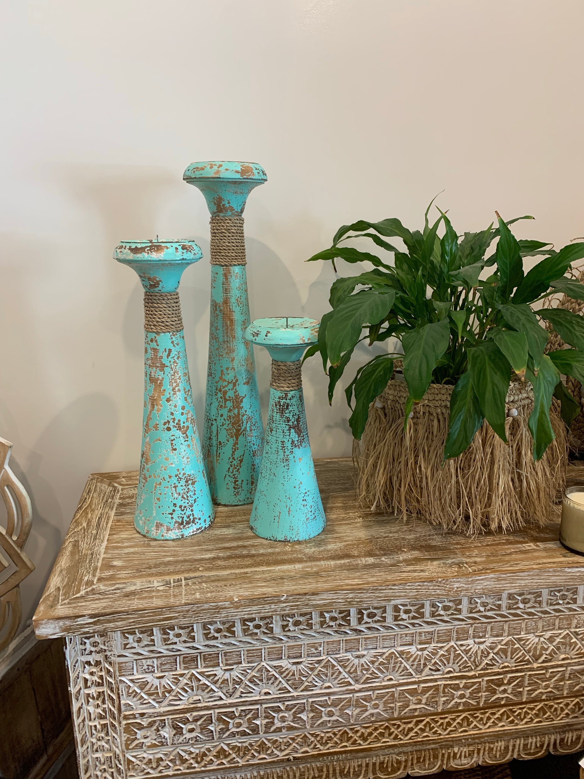 Aqua candlesticks with rope set 3