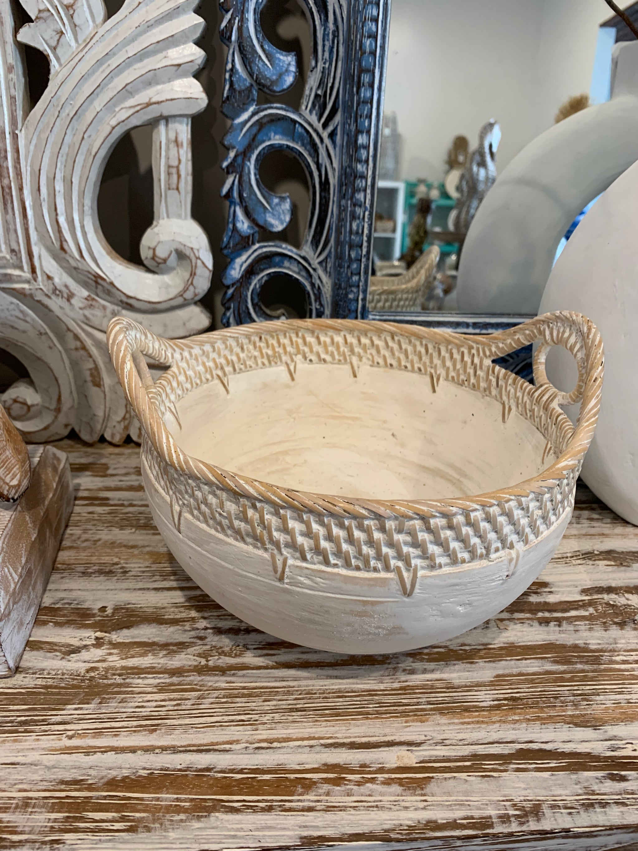 White bowl with decorative trim and handles S