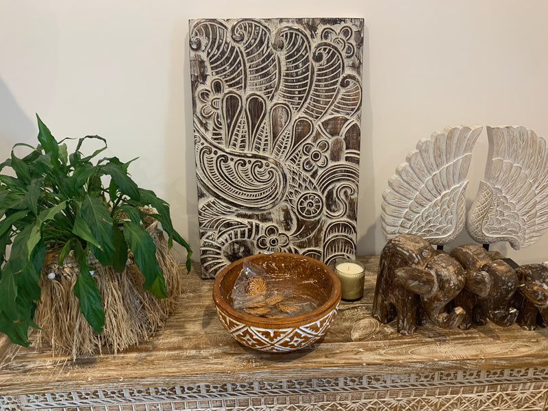 Handcarved timber panel wall hanging.