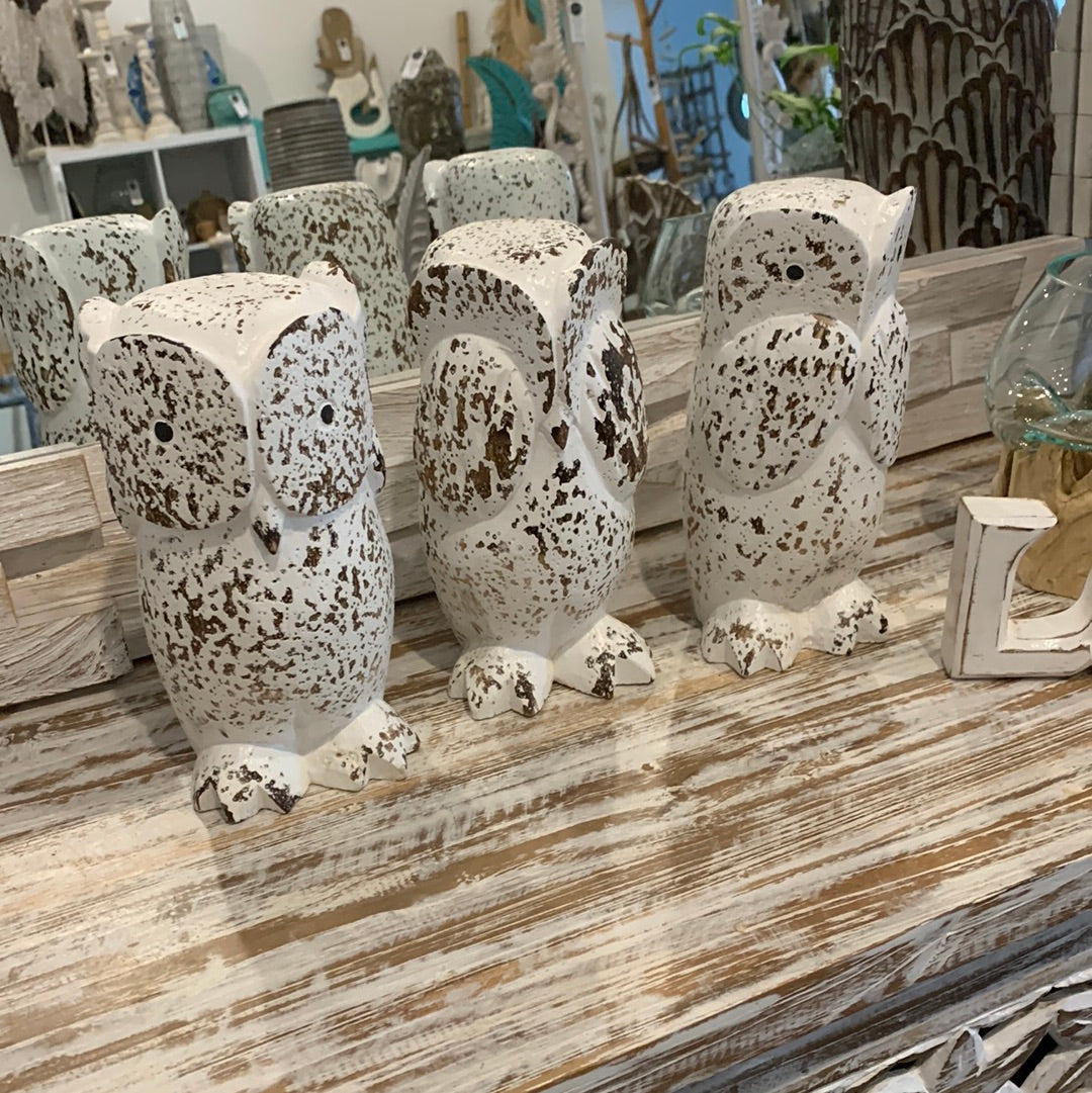 See no evil, hear no evil, speak no evil. Timber owls. Set 3. Rustic white finish. EOFY sale. Usually $40