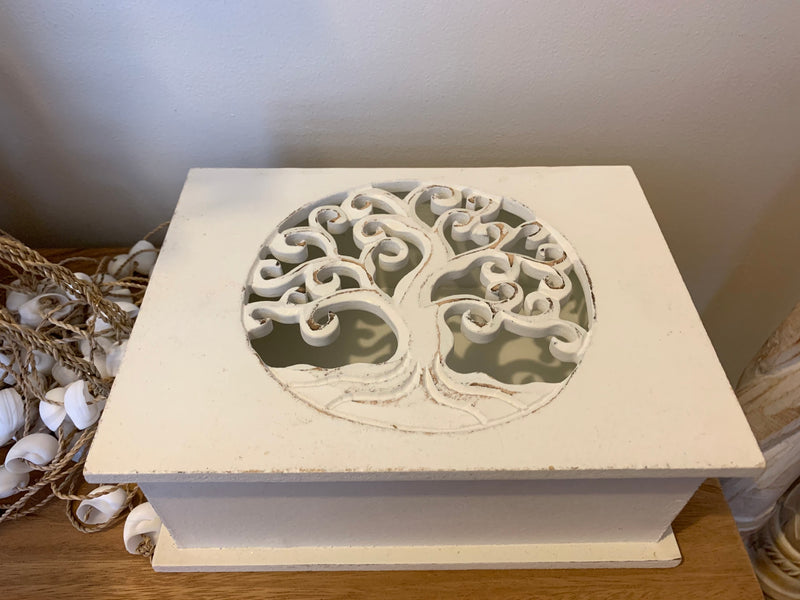 Carved tree of life white box with hinged lid.  Jewellery / storage. Large. 24cm w