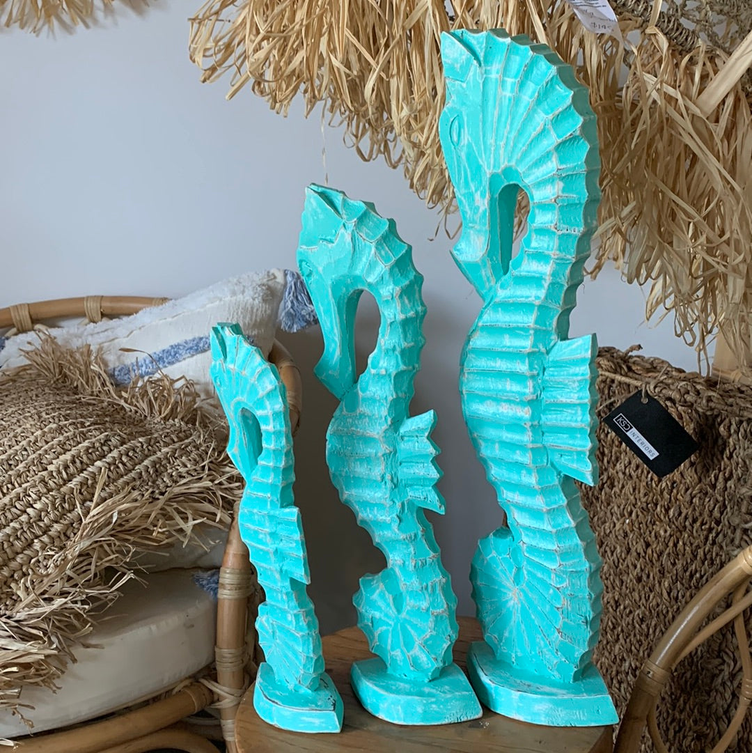 Handcrafted set of 3 timber seahorse. Turquoise