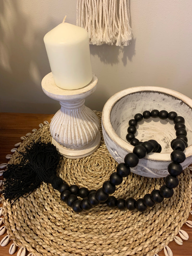 Black bead necklace / tassel decoration. 60cm approx