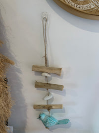 Timber bird hanging decoration. Turquoise