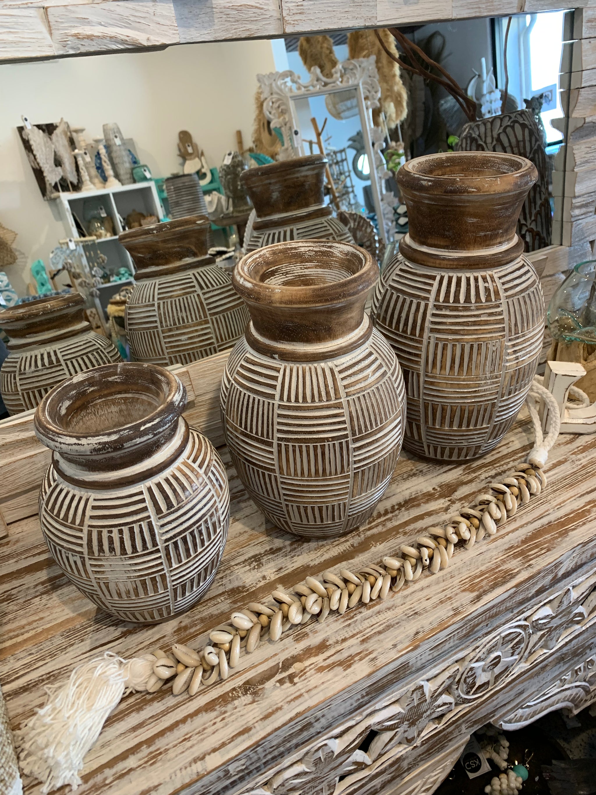 Set 3 Brown carved timber vases