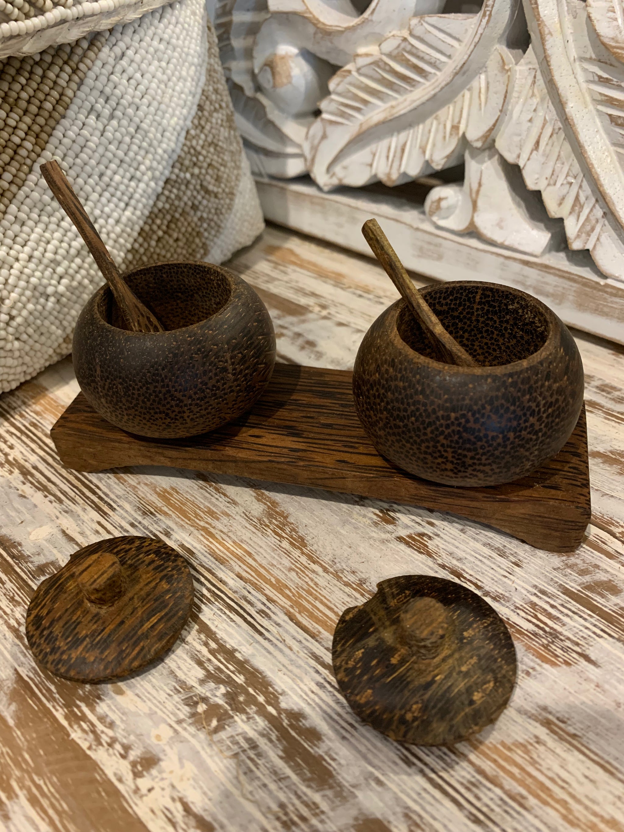 2 timber bowls on stand. Includes spoons