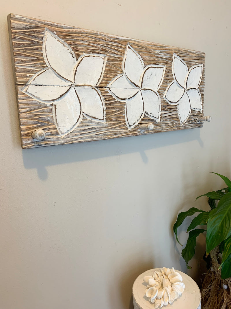 Flower timber coat rack / hook. White flower