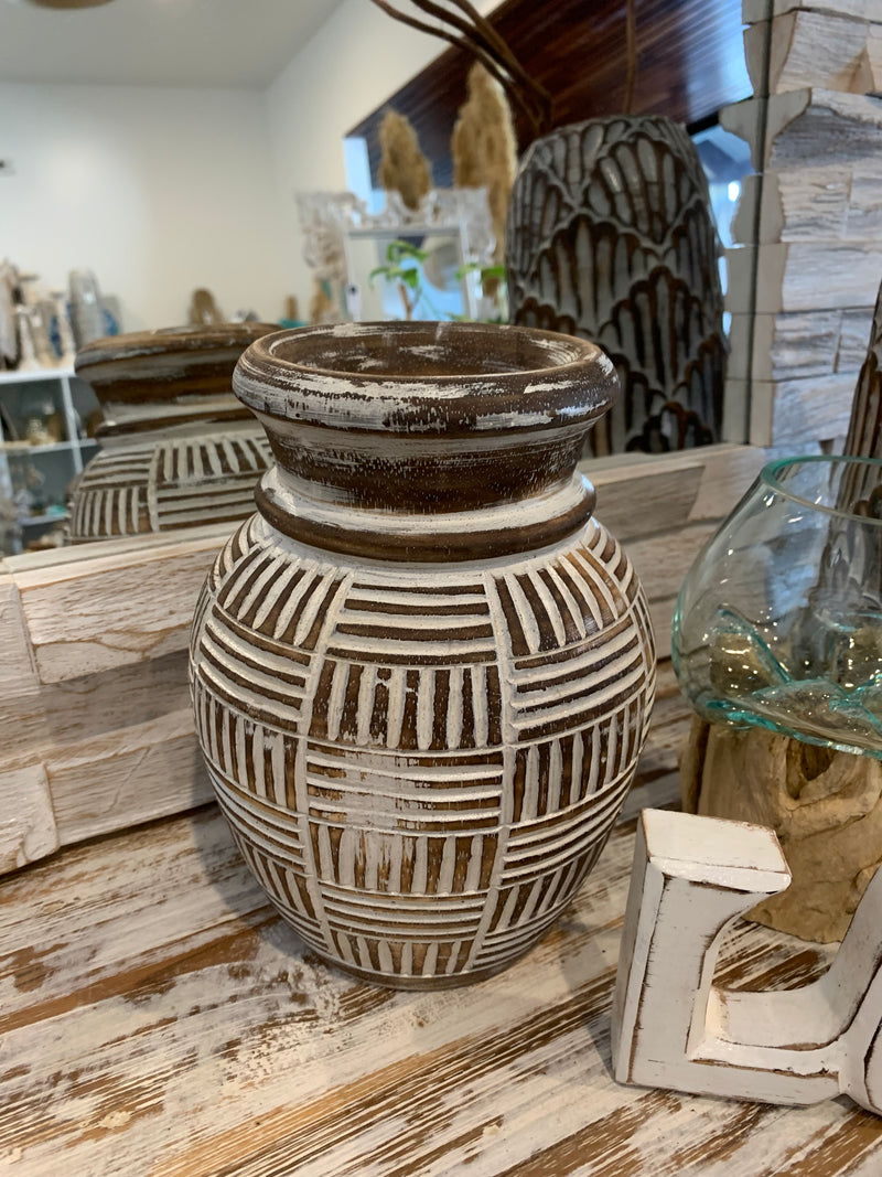 Brown carved timber vase. Medium - Bali Beach Beyond