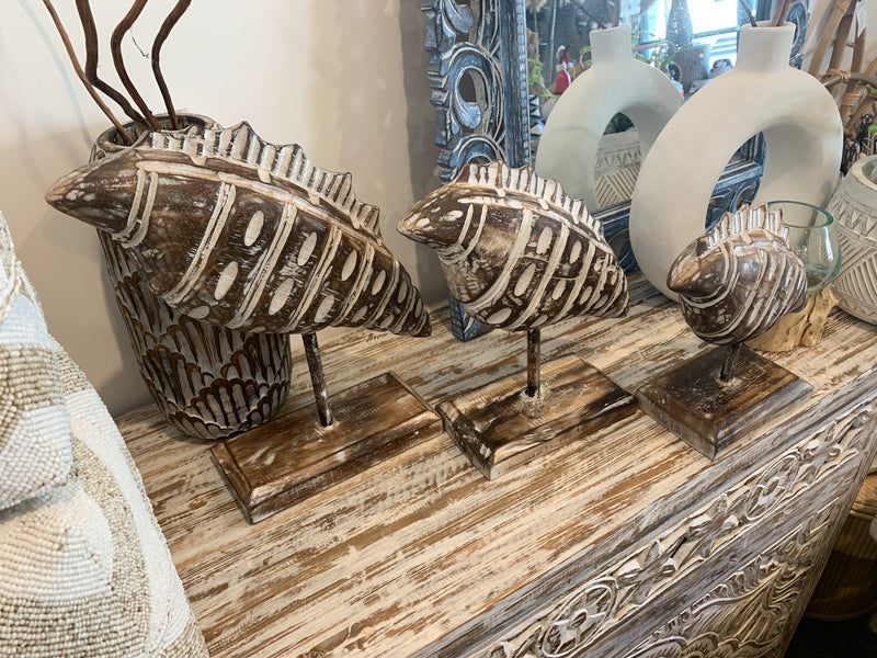 Carved timber shell on stand. Set 3. Brown.  EOFY sale. Usually $65