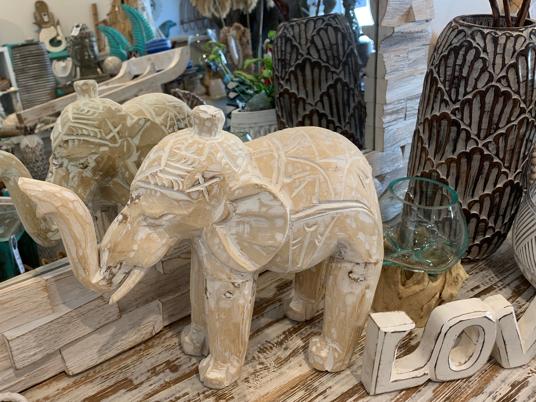 Timber handcarved elephants white wash. Large