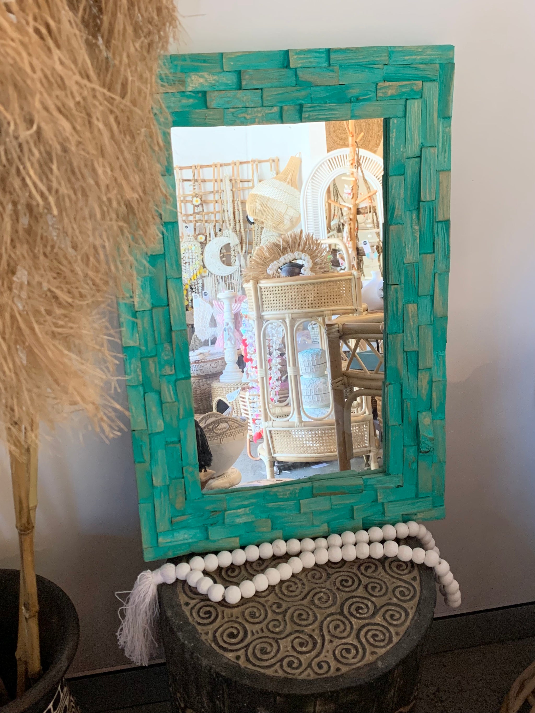 Turquoise timber mirror