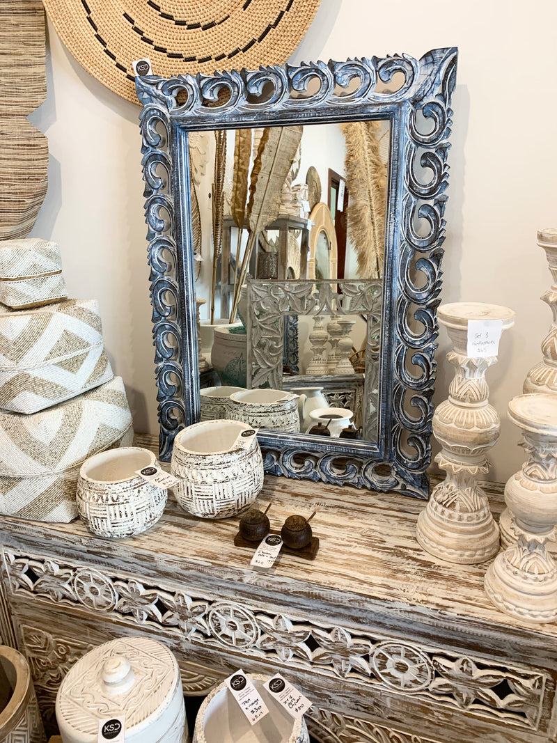 Blue timber mirror