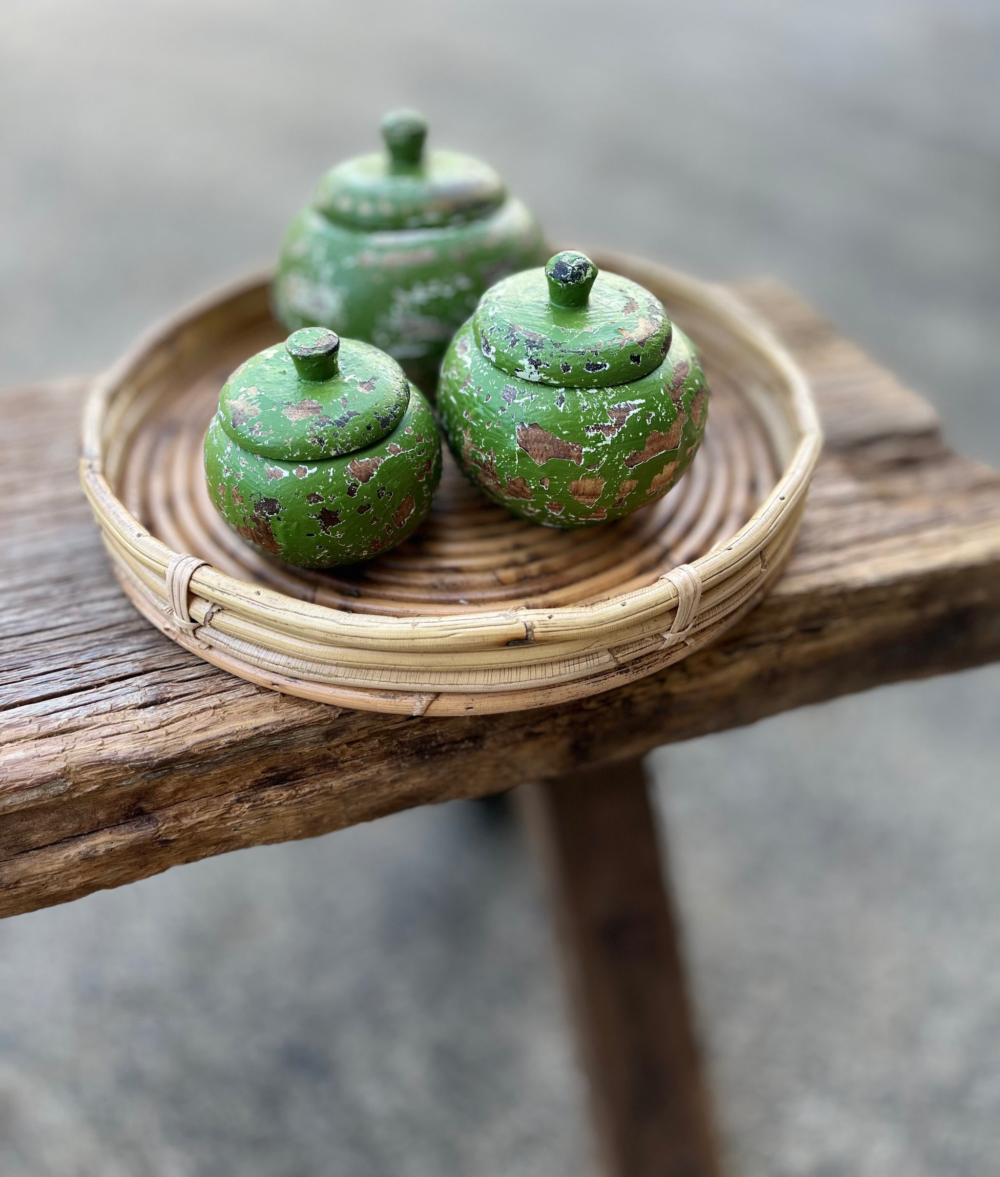 Set 3 rustic green timber pots with lids