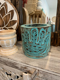 Turquoise / green timber vase / pot. Hamsa hand carving