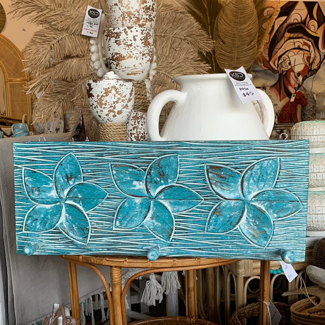 Turquoise blue Flower timber coat rack / hook.