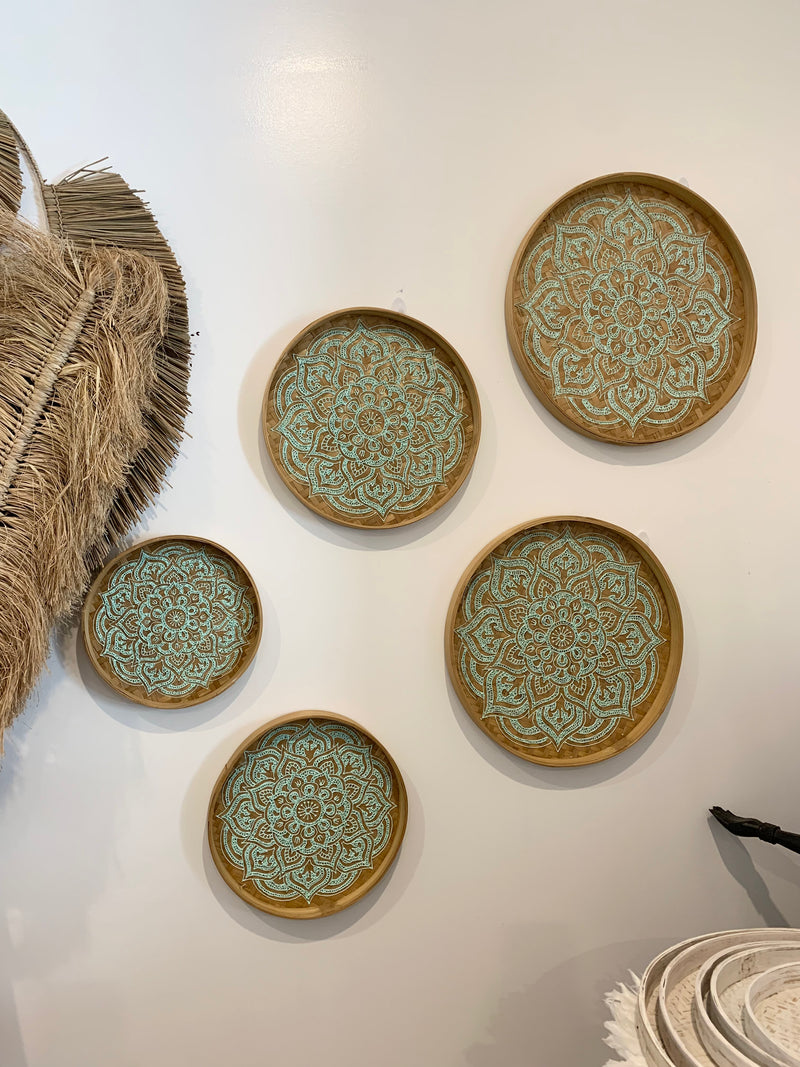 Natural handpainted mandala wall platters. Set of 5