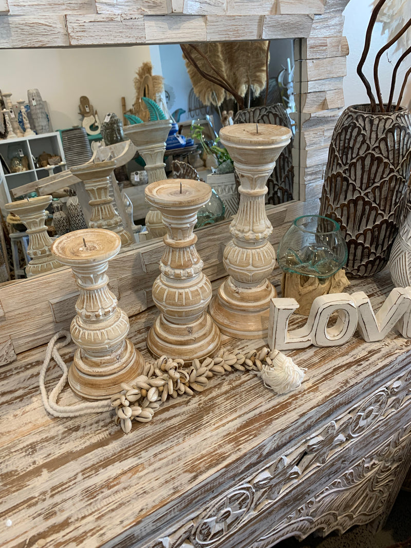 White wash timber candlesticks. Set 3