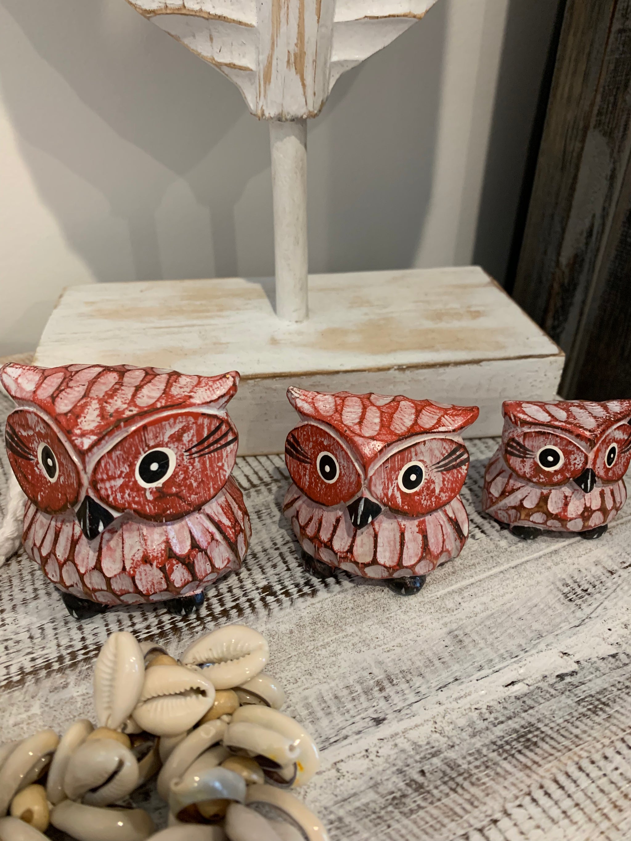 Red timber owls. Set 3. Handpainted and handcarved.