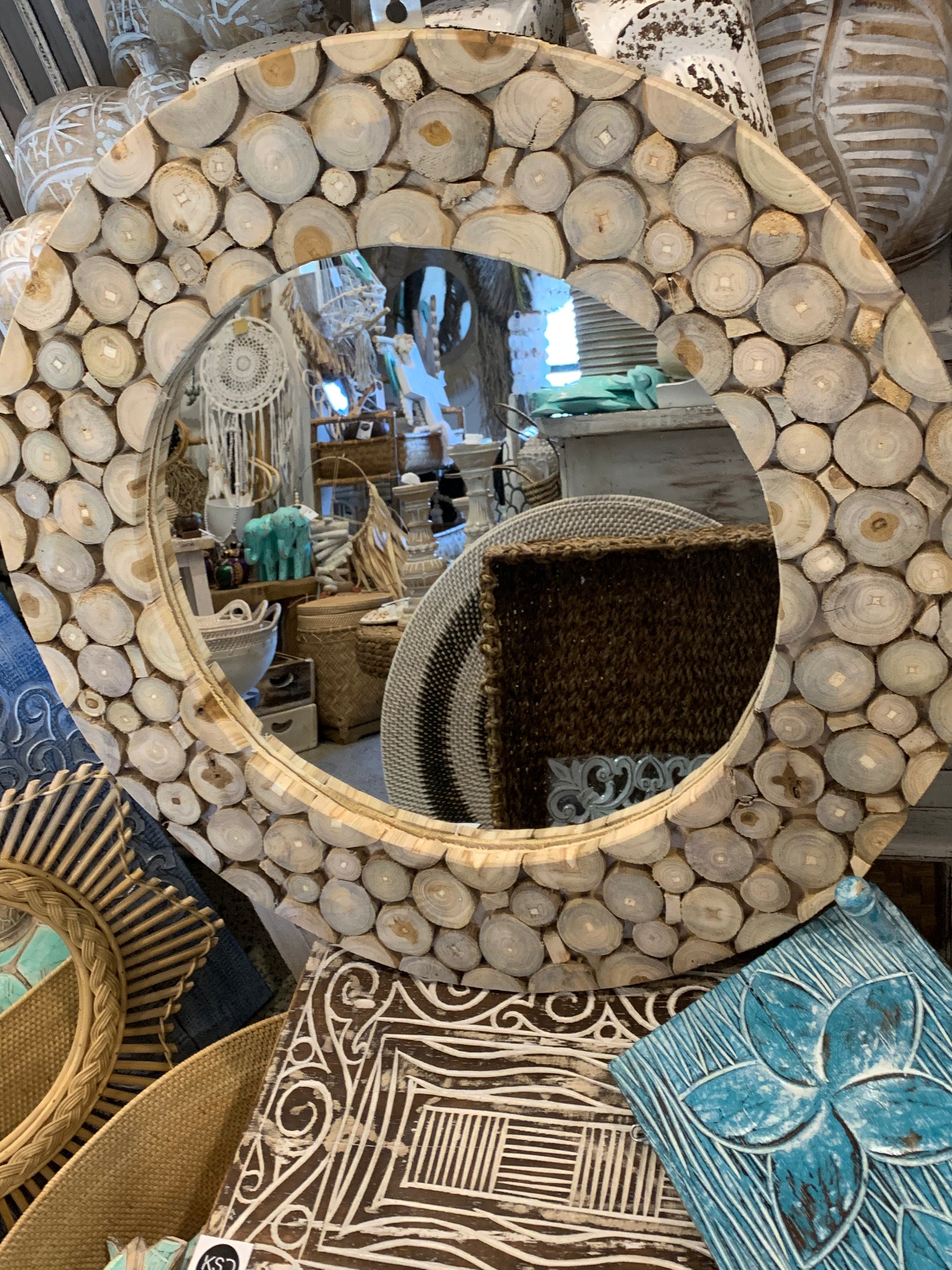 Round timber mirror. Circle design