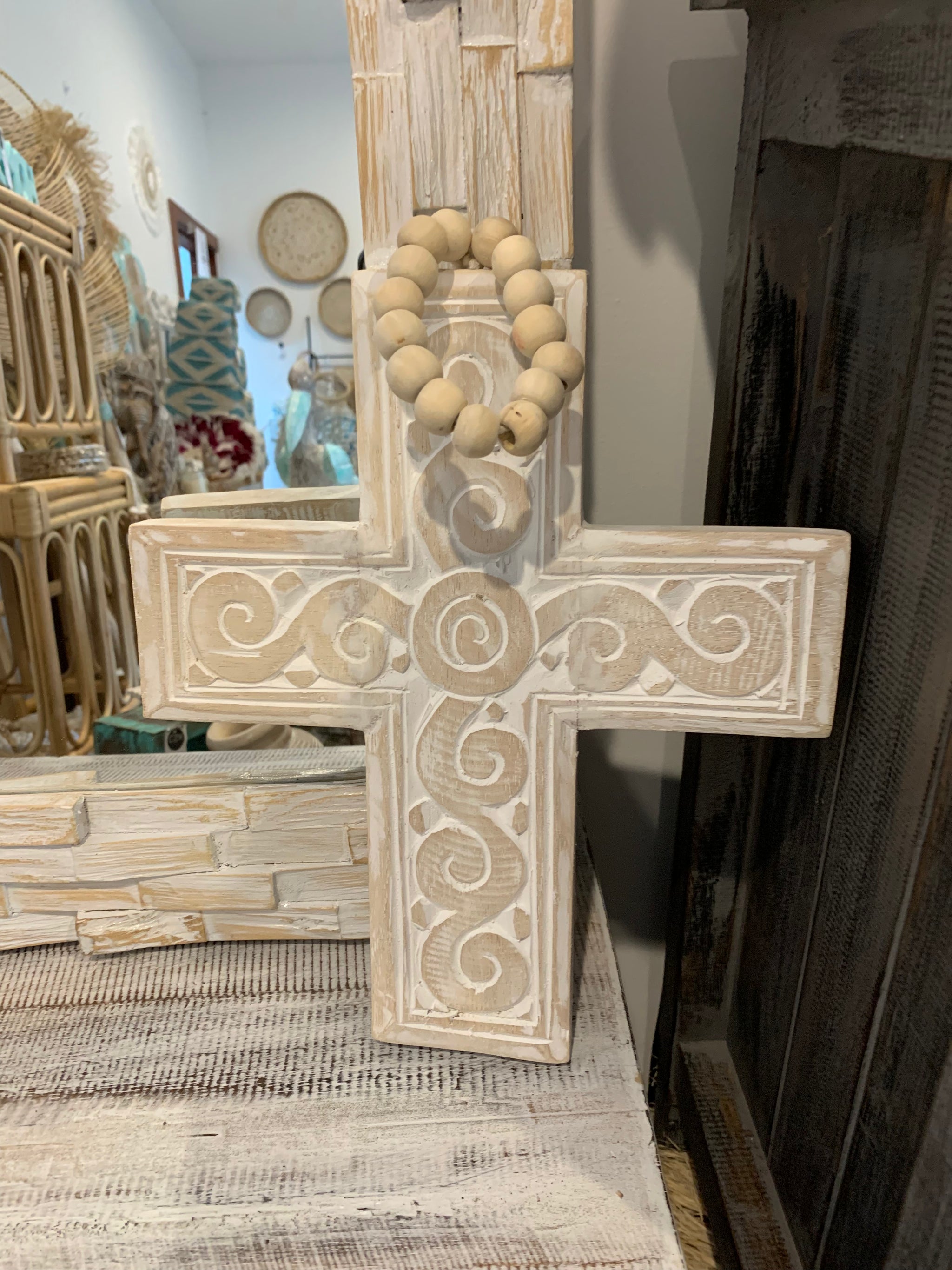 Natural carved timber cross and beads