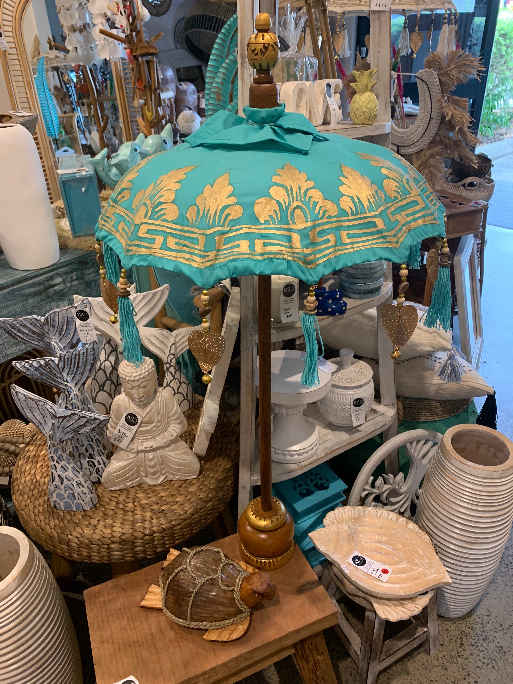 Tabletop Umbrella with painted design. Turquoise EOFY sale. Usually $60