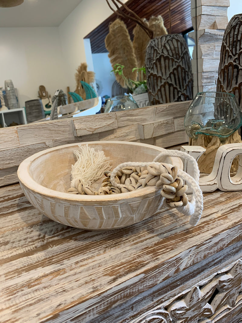 White wash timber handcarved timber bowl. Large