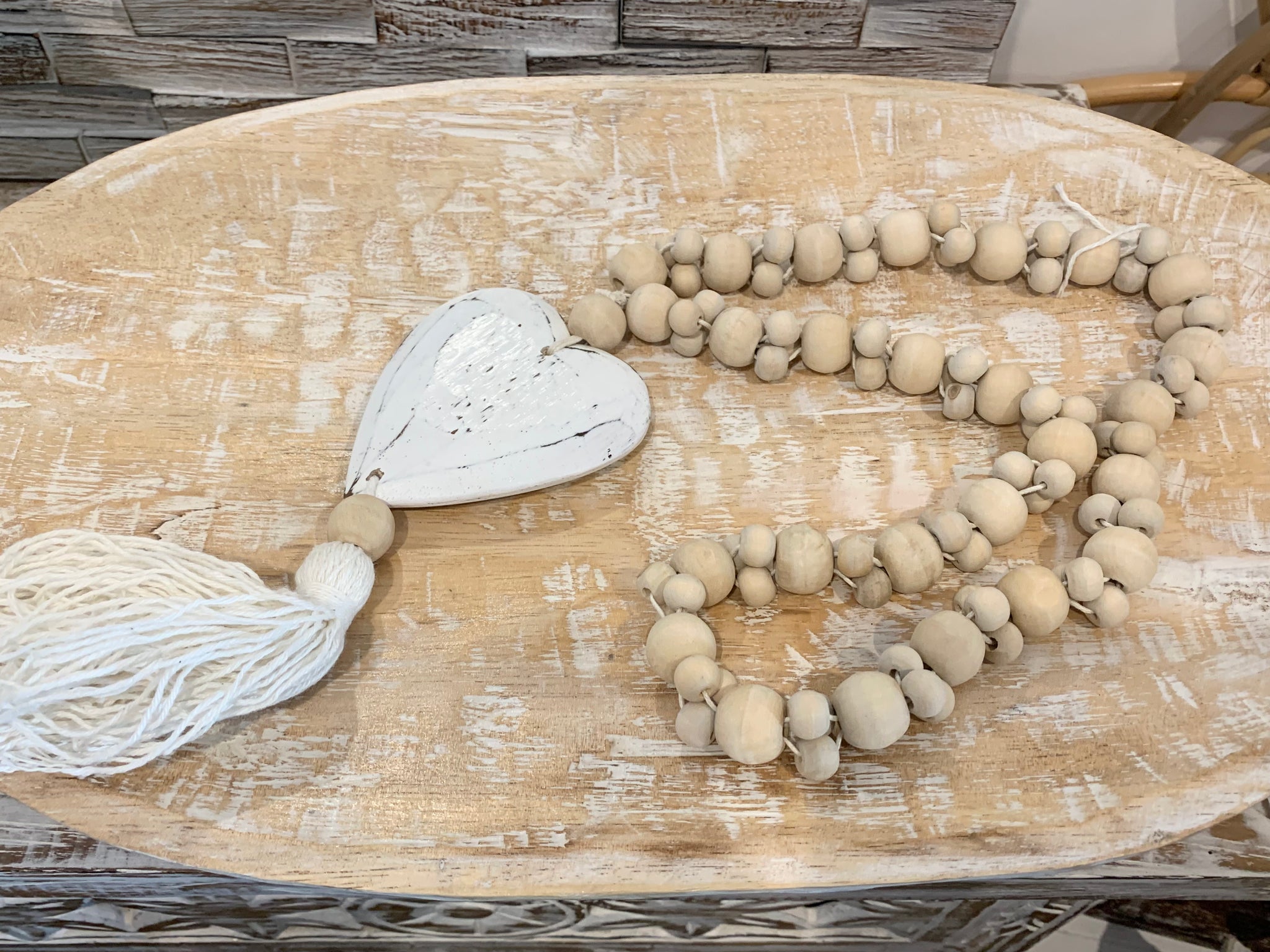 Natural beads and timber heart decoration. Small and large beads.