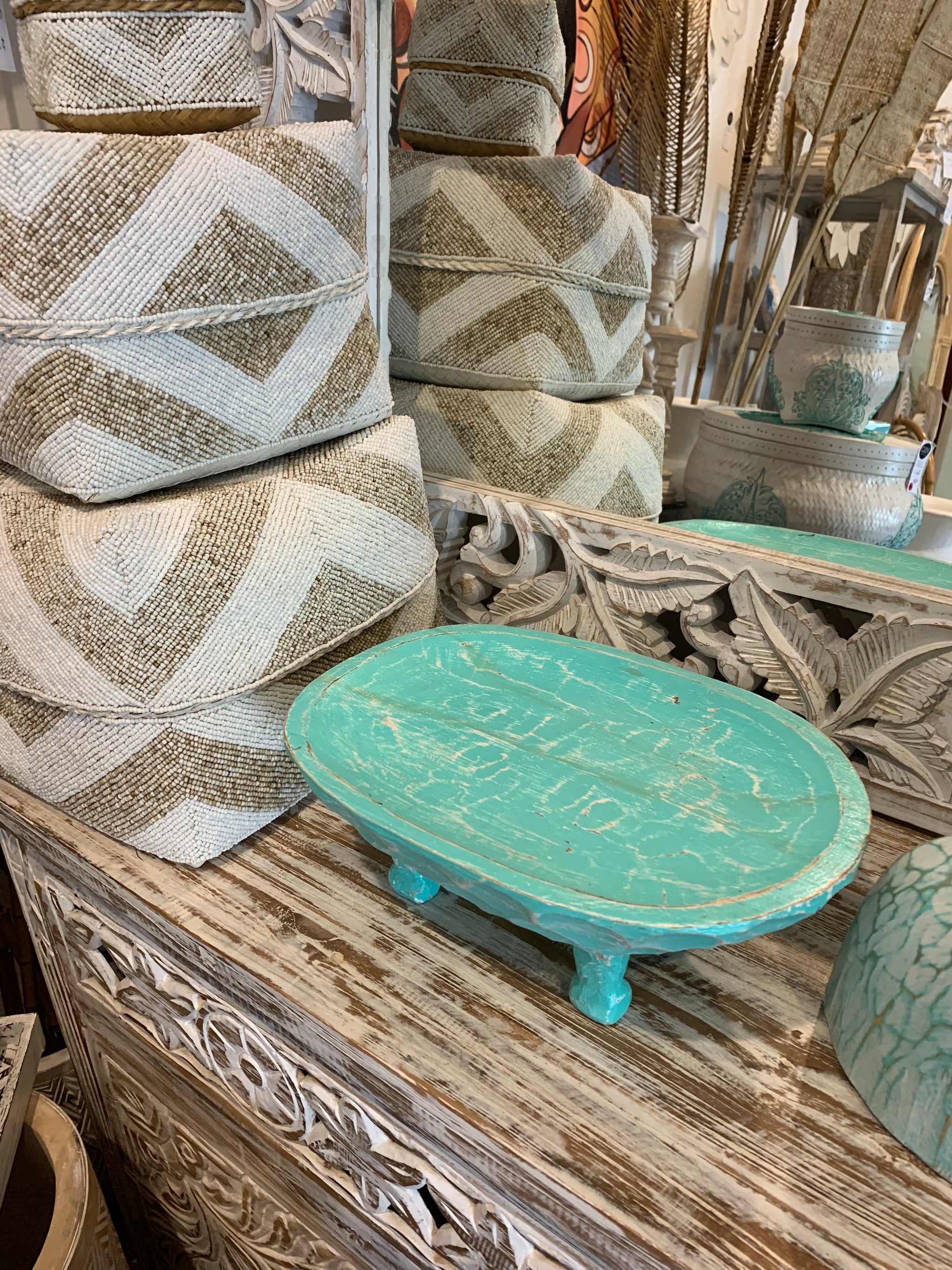 Turquoise timber decorative platter on legs 30cm